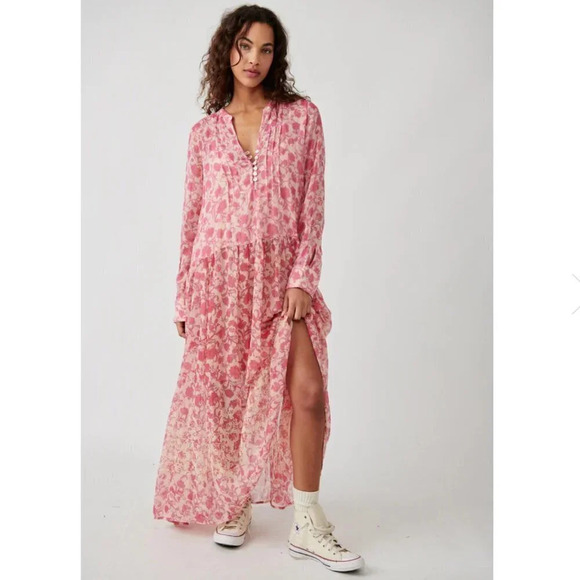 Free People See It  Through Maxi Dress Pink Rose Combo NWT Size XS - Picture 1 of 15